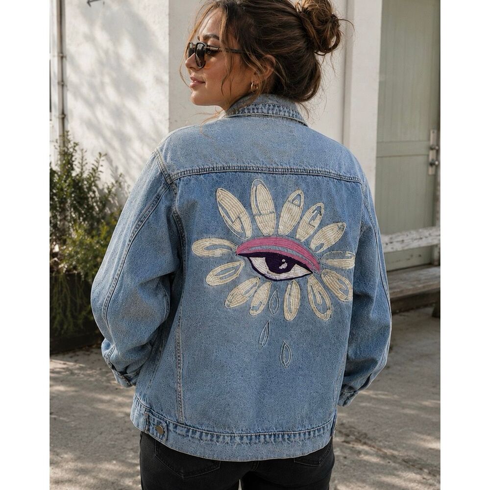 Nordstrom by Cristina Martinez Eye Motif Embroidered Denim Jean Jacket Sz XS